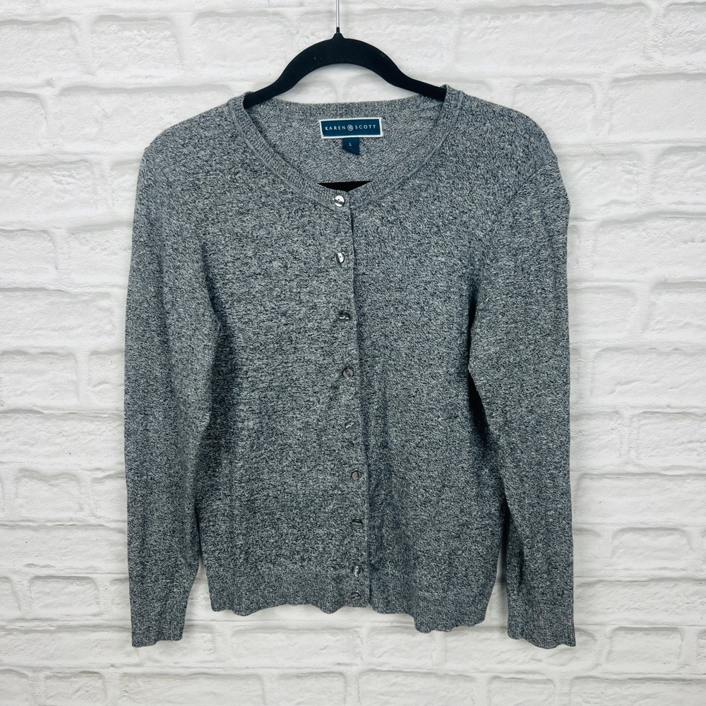 Karen Scott Womens L Gray Marled Knit Button Front Cardigan Cotton Blend